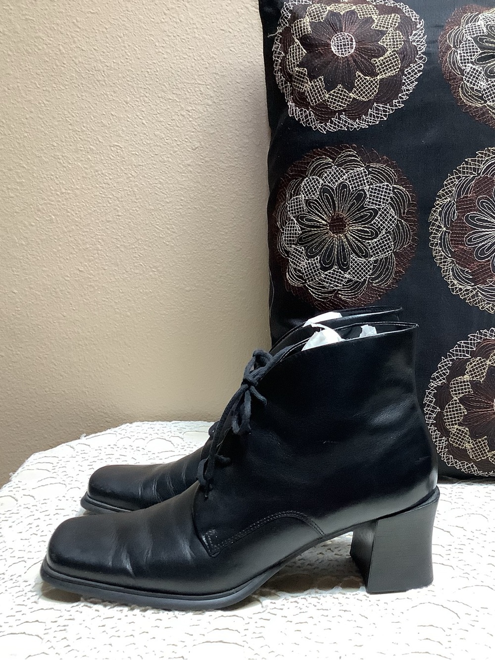 Retro 90s Y2K Vintage PESARO Black Leather Chunky Square Toe Ankle Boots Sz 8.5 - Picture 5 of 9